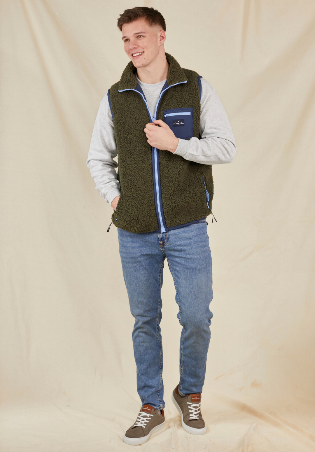 Highland Men's Sherpa Gilet - Olive/Blue - Whale Of A Time Clothing