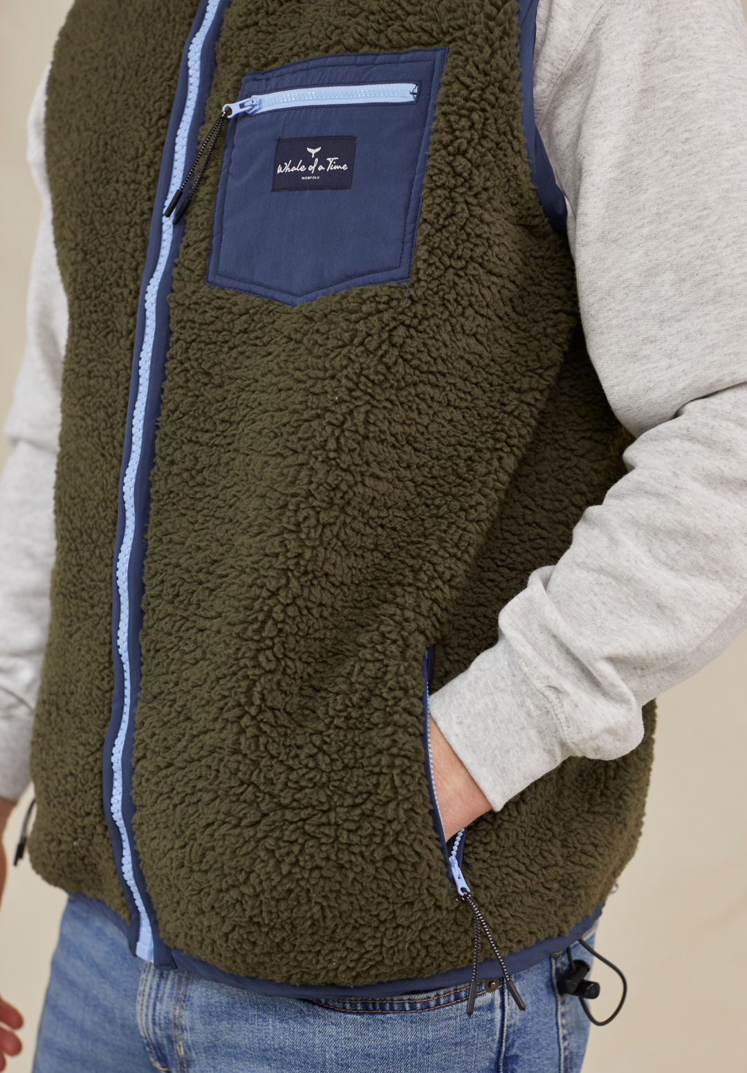 Highland Men's Sherpa Gilet - Olive/Blue - Whale Of A Time Clothing