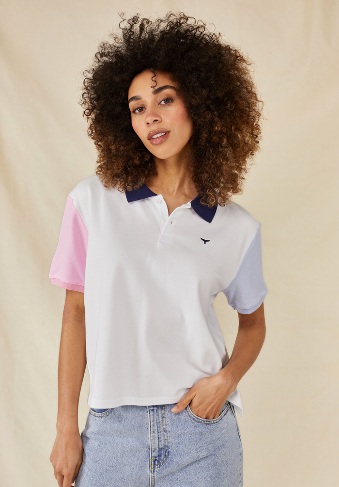 Polzeath Women's Cropped Polo Shirt - White - Whale Of A Time Clothing