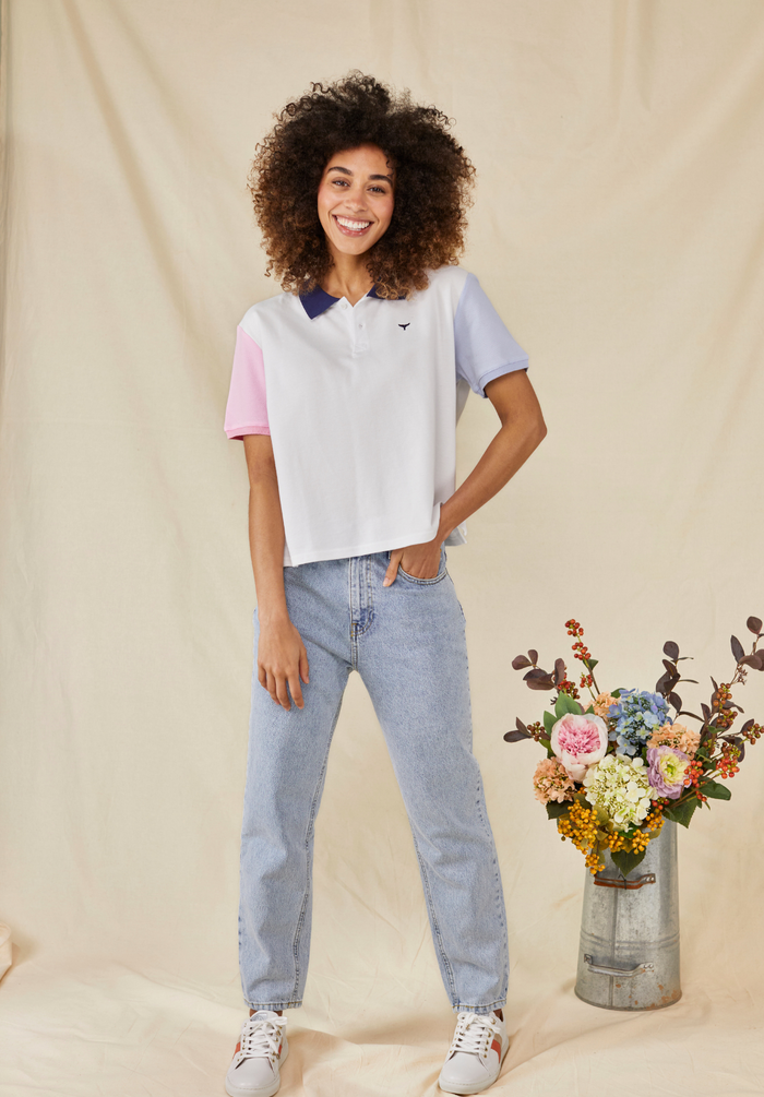 Polzeath Women's Cropped Polo Shirt - White - Whale Of A Time Clothing