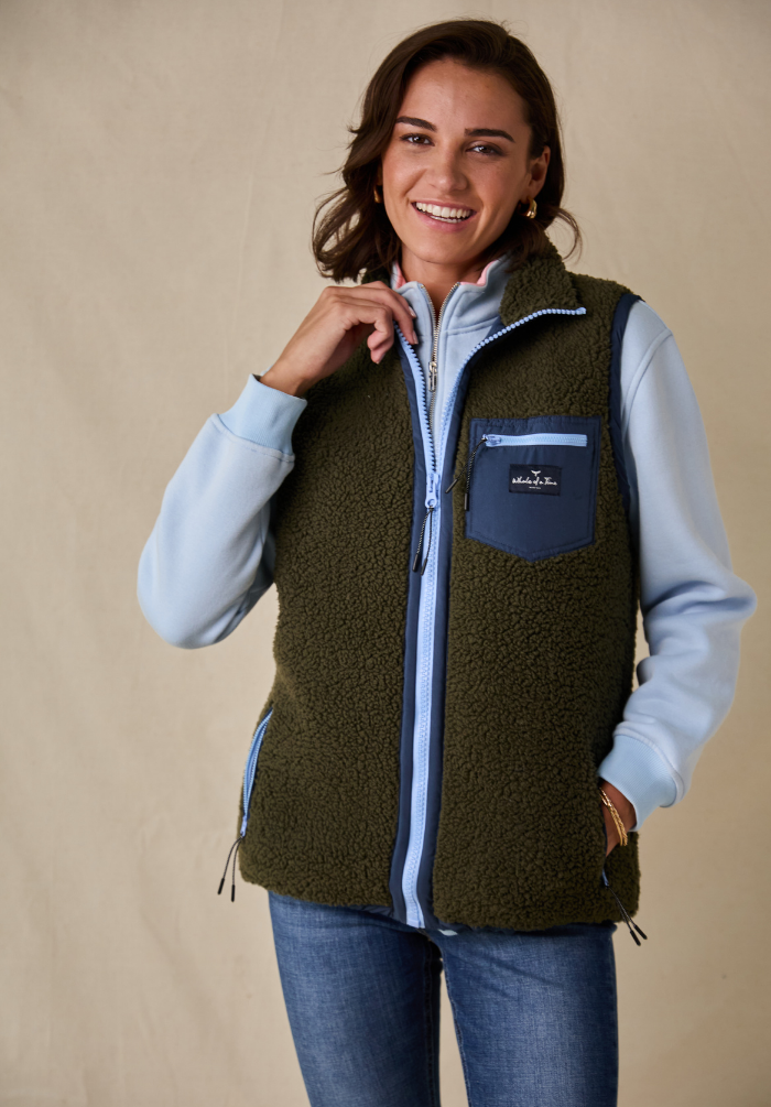 Highland Women's Sherpa Gilet - Olive/Blue - Whale Of A Time Clothing