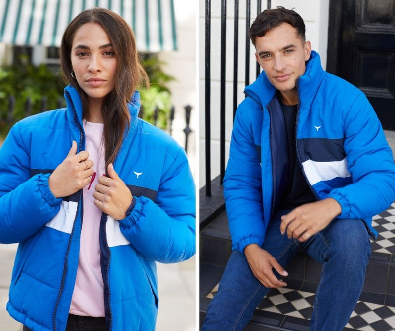 Models wearing cobalt blue Penzance Puffer Jacket 