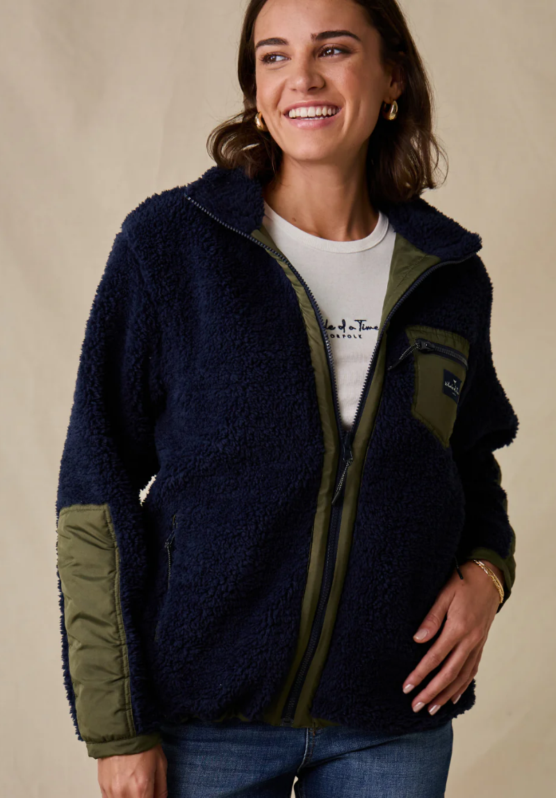 Highland Women's Sherpa Jacket - Navy/Olive - Whale Of A Time Clothing