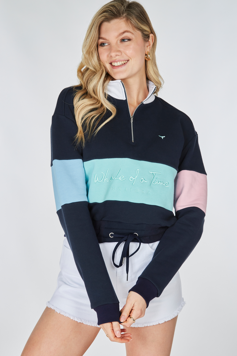 Kingsbridge Cropped Quarter Zip Sweatshirt - Navy - Whale Of A Time Clothing