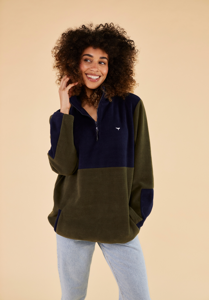 Exeter Women's Fleece Quarter Zip - Navy & Green - Whale Of A Time Clothing