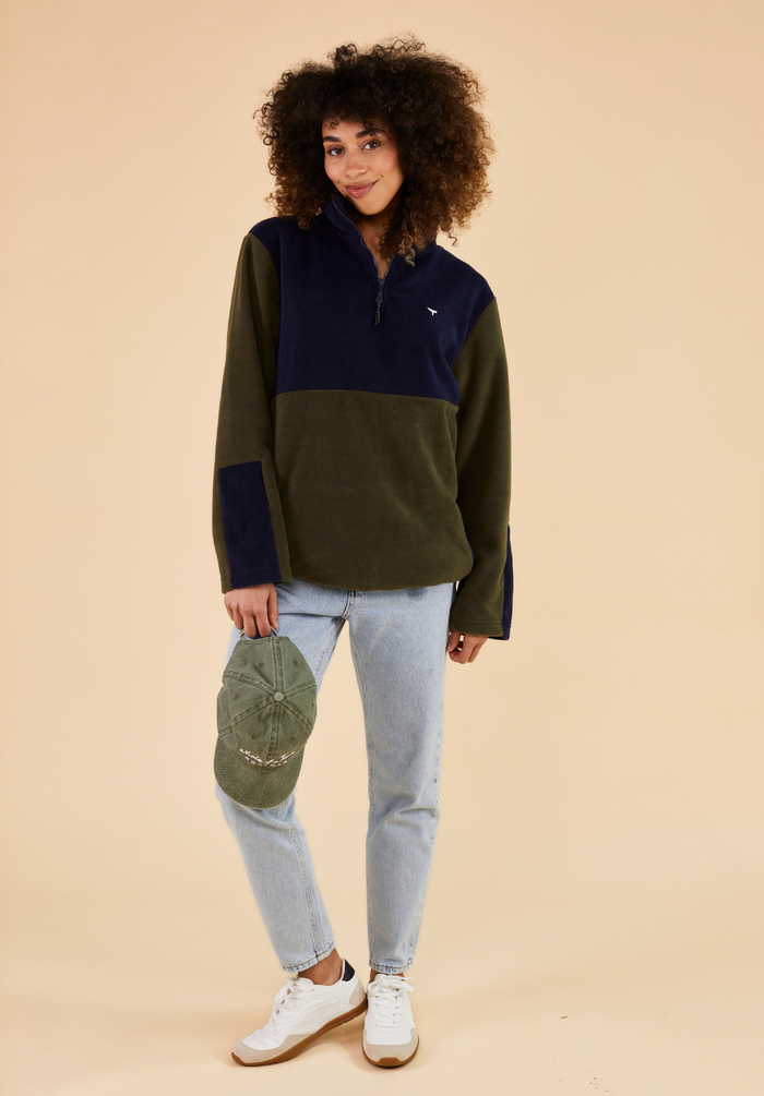 Exeter Women's Fleece Quarter Zip - Navy & Green - Whale Of A Time Clothing