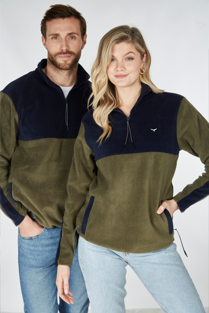 Exeter Fleece Unisex Quarter Zip - Navy & Green - Whale Of A Time Clothing