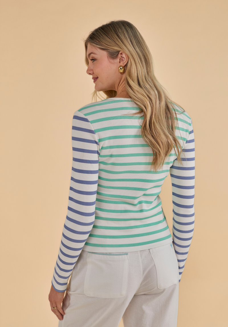 Henley Long Sleeved T-Shirt - White/Mint/Blue - Whale Of A Time Clothing