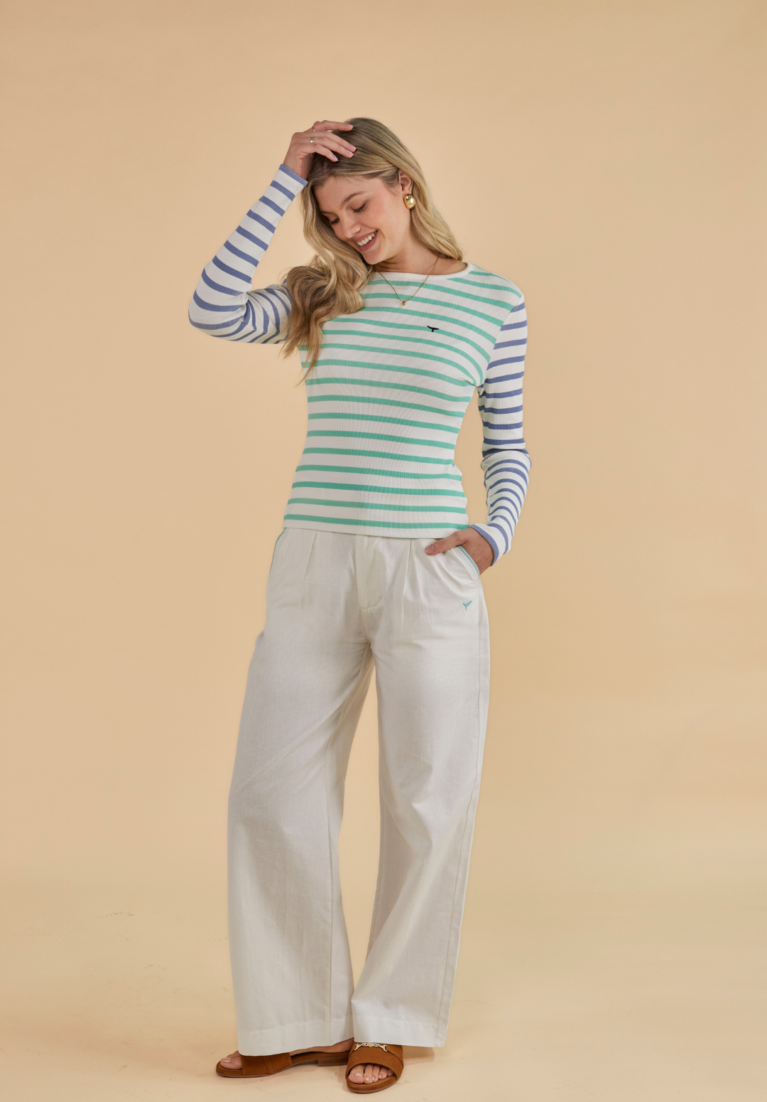 Henley Long Sleeved T-Shirt - White/Mint/Blue - Whale Of A Time Clothing