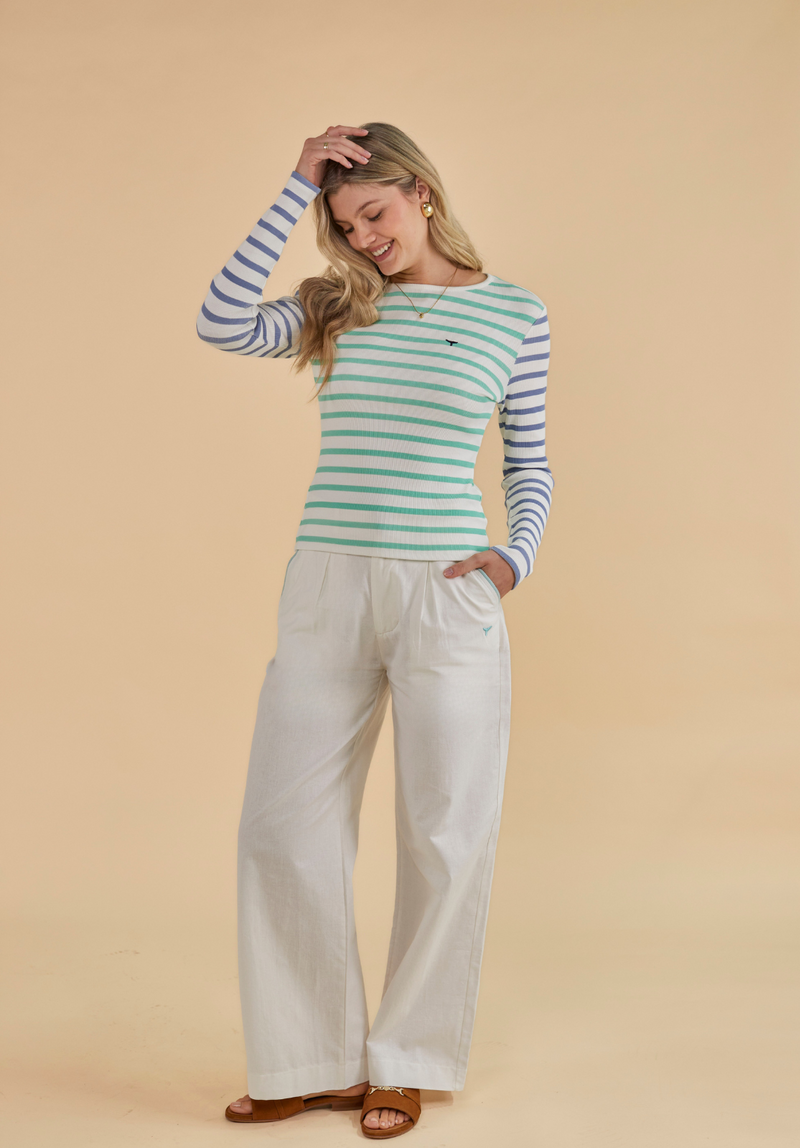 Henley Long Sleeved T-Shirt - White/Mint/Blue - Whale Of A Time Clothing
