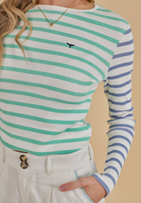 Henley Long Sleeved T-Shirt - White/Mint/Blue - Whale Of A Time Clothing