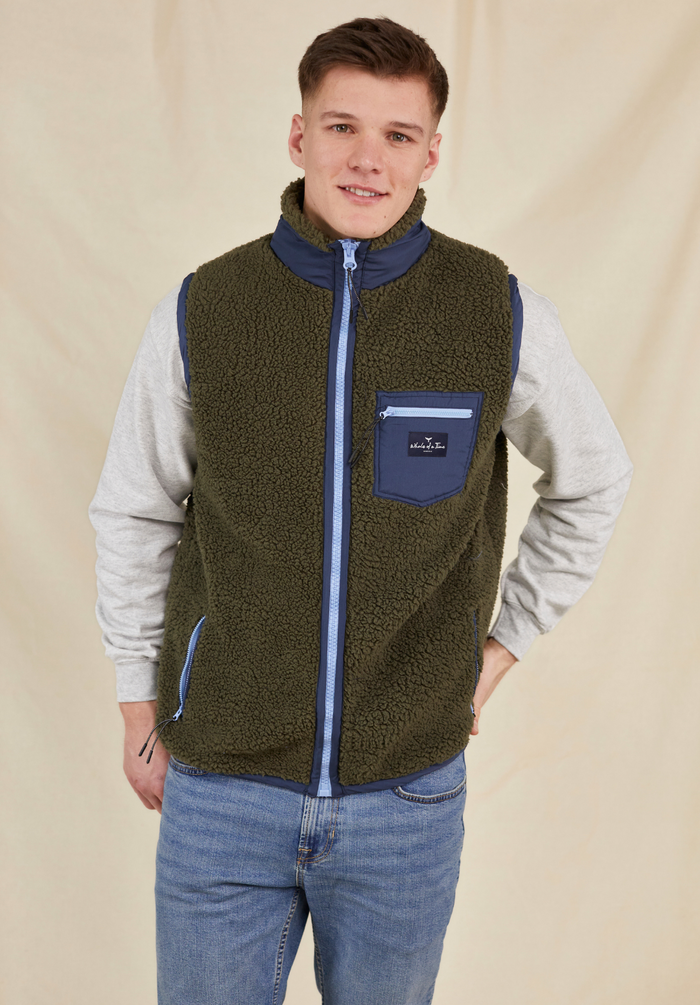 Highland Men's Sherpa Gilet - Olive/Blue - Whale Of A Time Clothing