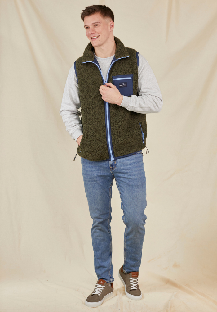Highland Men's Sherpa Gilet - Olive/Blue - Whale Of A Time Clothing
