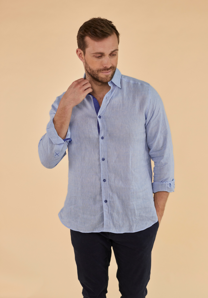 Oakham Men's Linen Shirt - Blue - Whale Of A Time Clothing