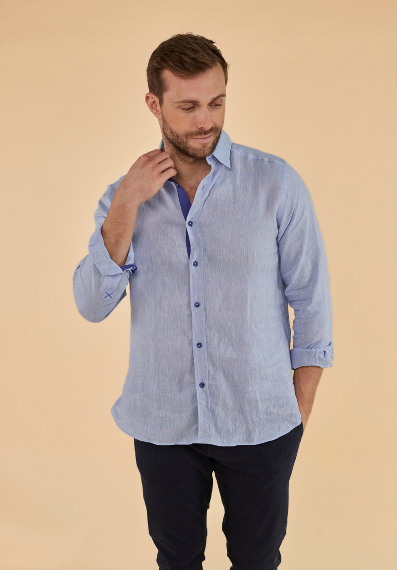 Oakham Men's Linen Shirt - Blue - Whale Of A Time Clothing