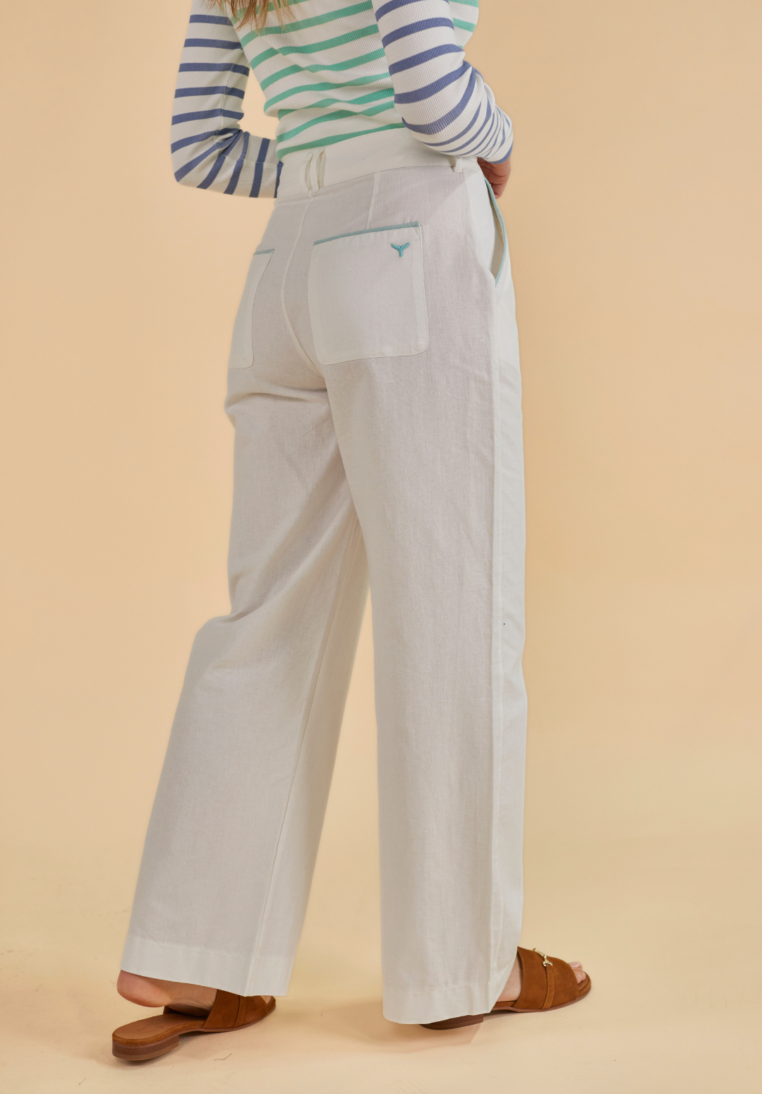 Oban Women's Linen Trousers - Ecru/Mint - Whale Of A Time Clothing