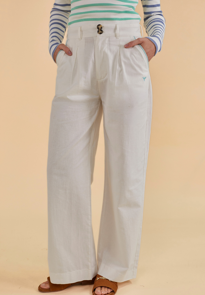 Oban Women's Linen Trousers - Ecru/Mint - Whale Of A Time Clothing