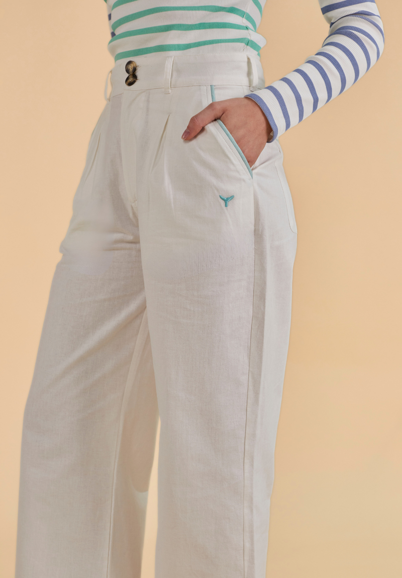 Oban Women's Linen Trousers - Ecru/Mint - Whale Of A Time Clothing