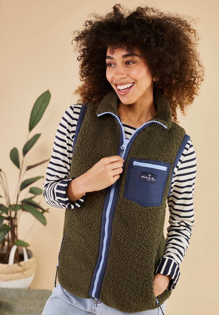 Highland Women's Sherpa Gilet - Olive/Blue - Whale Of A Time Clothing