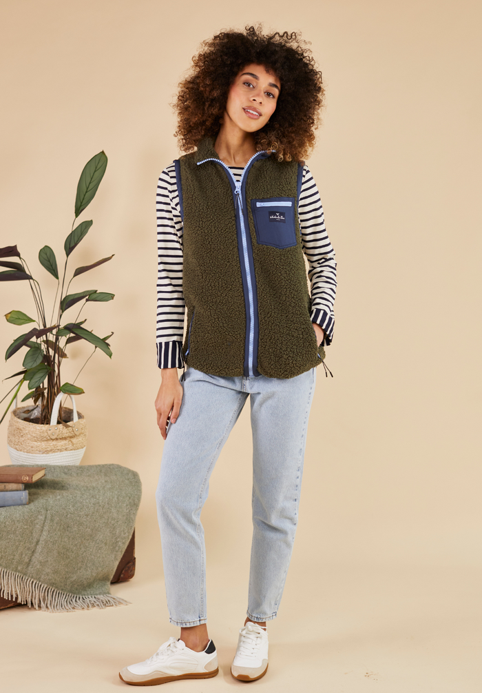 Highland Women's Sherpa Gilet - Olive/Blue - Whale Of A Time Clothing