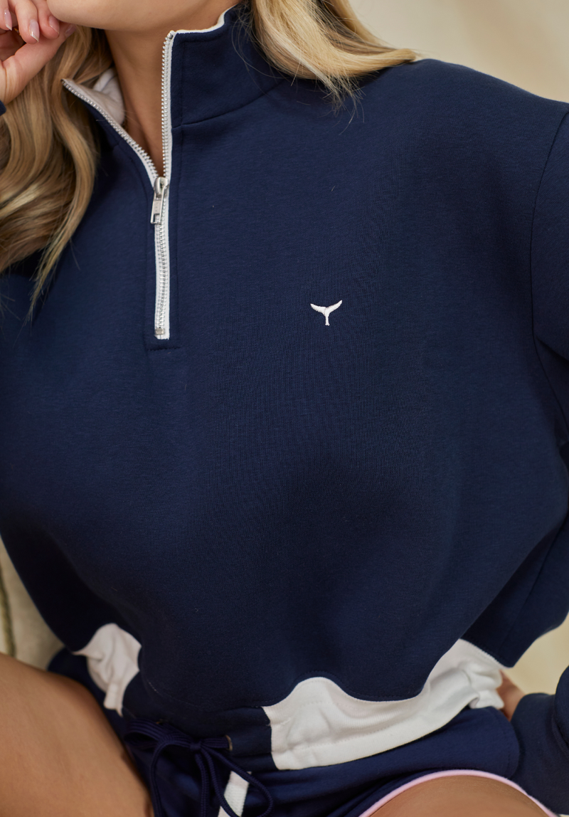 St Ives Women's Cropped Quarter Zip Sweatshirt - Navy - Whale Of A Time Clothing