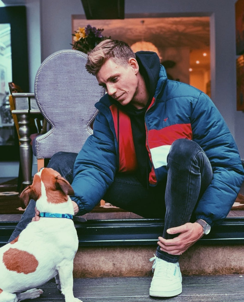 Made in Chelsea's, Tristan Phipps, wearing Whale Of A Time Penzance Puffer Jacket.