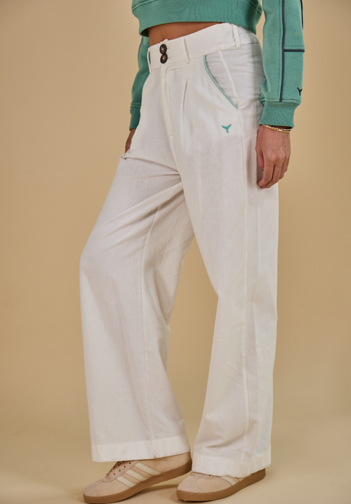 Oban Women's Linen Trousers - Ecru/Mint - Whale Of A Time Clothing