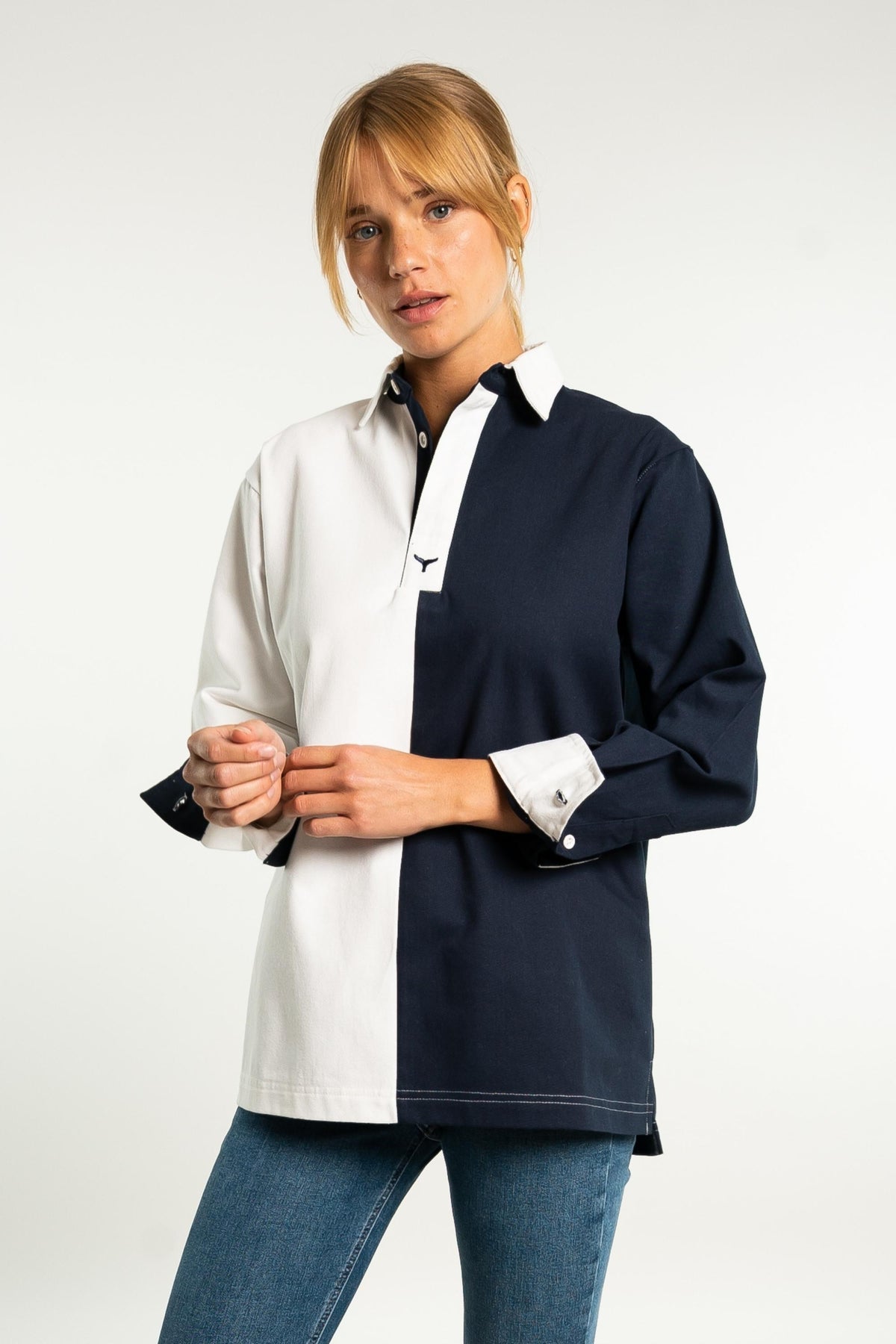 Falmouth Unisex Deck Shirt - White & Navy - Whale Of A Time Clothing