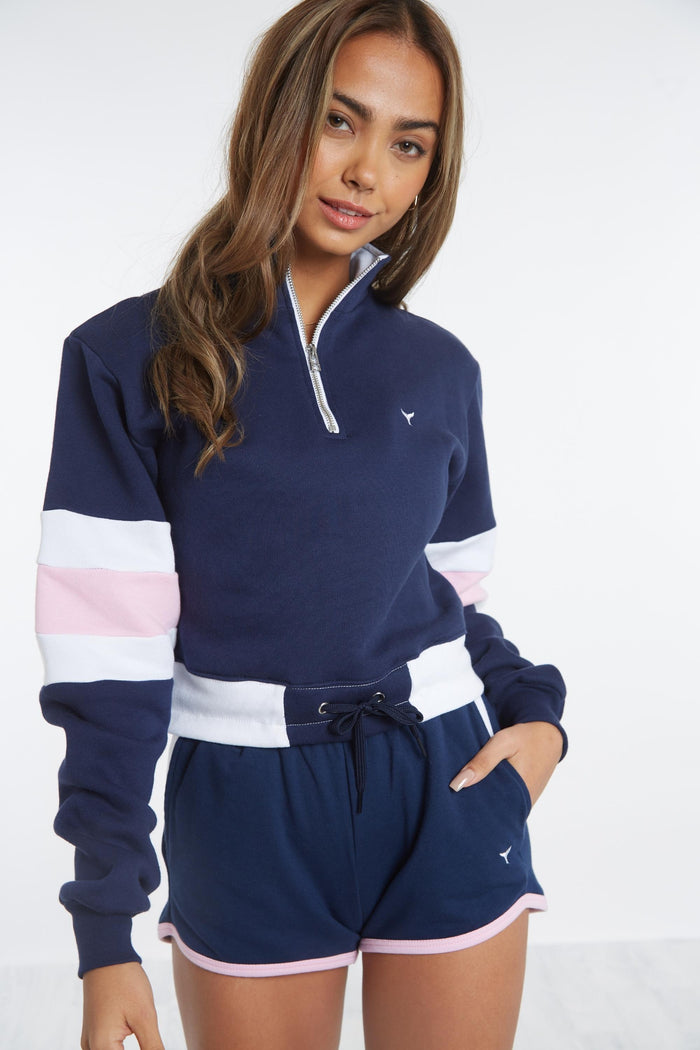 St Ives Cropped Quarter Zip Sweatshirt - Navy - Whale Of A Time Clothing